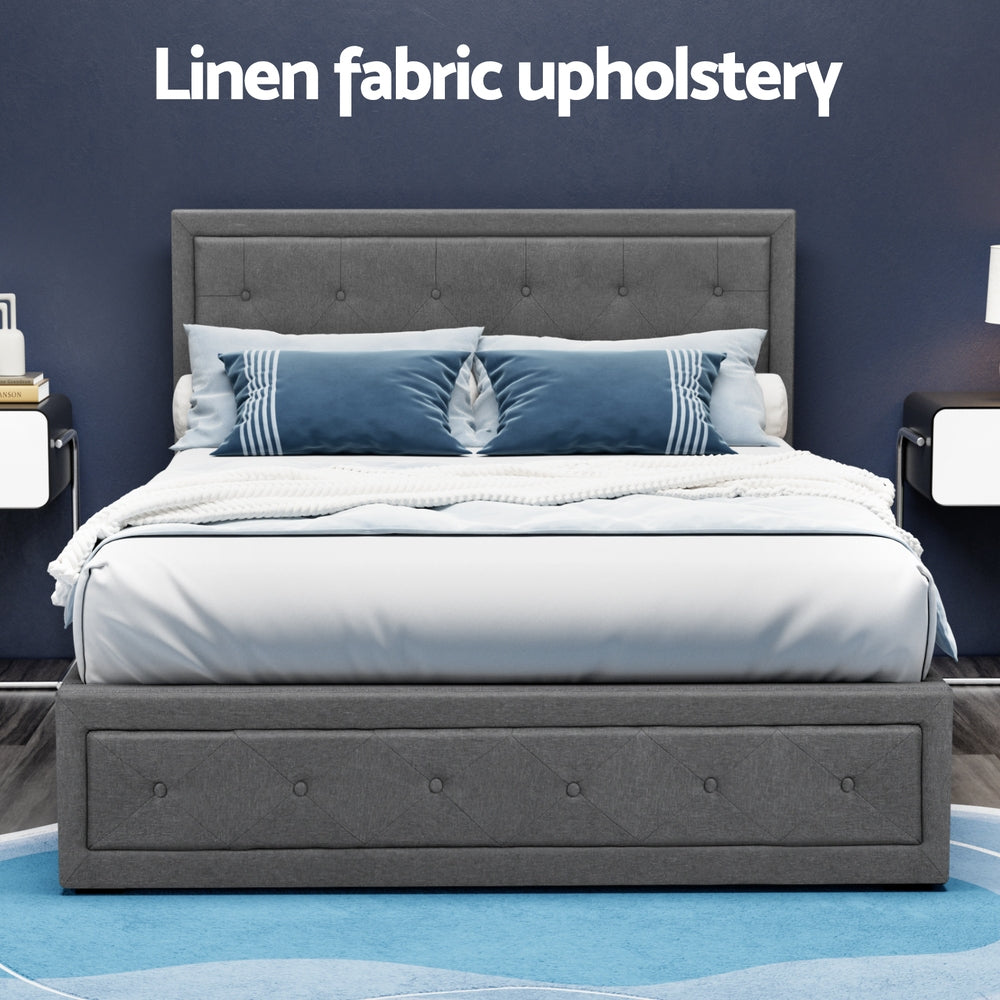 Double Gas Lift Bed Frame Grey Linen Upholstered with Storage