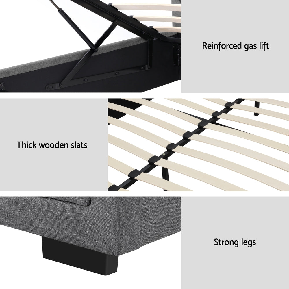 Double Gas Lift Bed Frame Grey Linen Upholstered with Storage