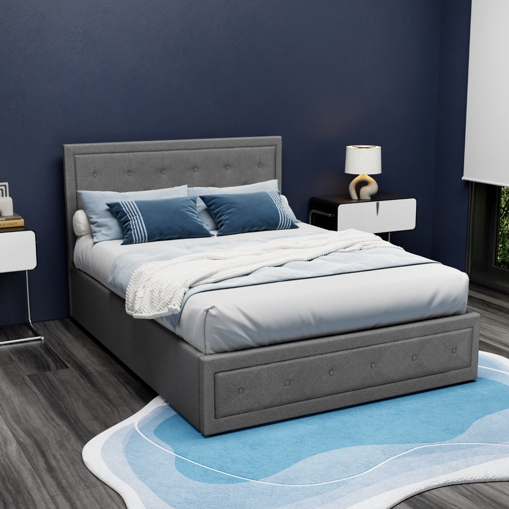 Double Gas Lift Bed Frame Grey Linen Upholstered with Storage