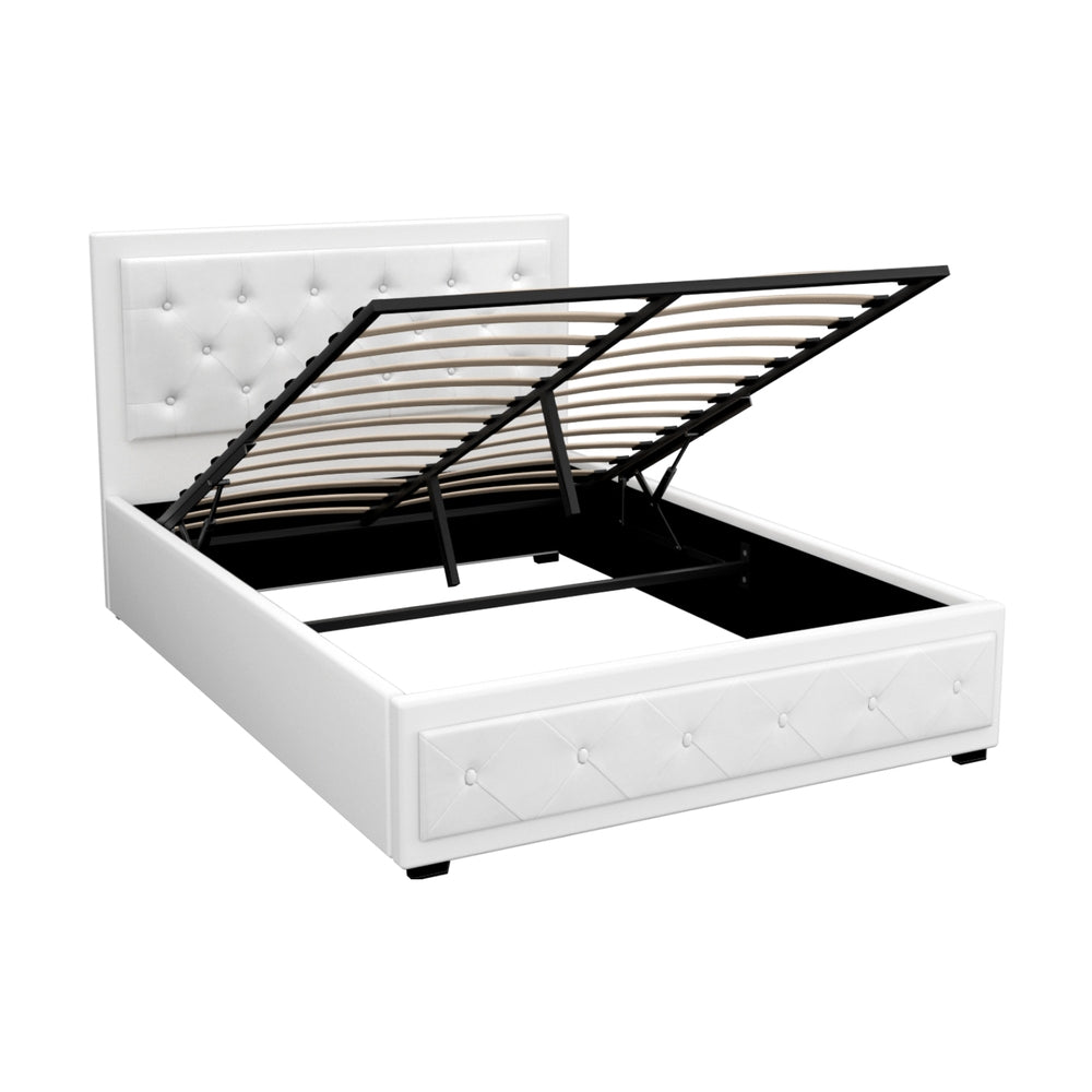 Bed Frame Double Size Gas Lift PVC Leather White With Storage