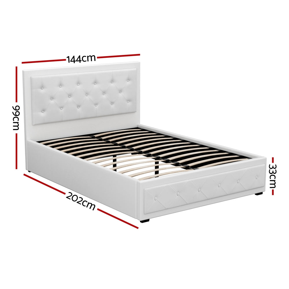 Bed Frame Double Size Gas Lift PVC Leather White With Storage