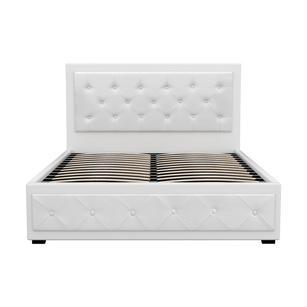 Bed Frame Double Size Gas Lift PVC Leather White With Storage