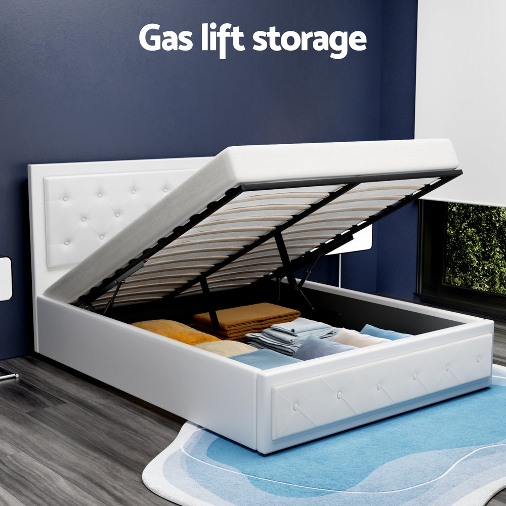 Bed Frame Double Size Gas Lift PVC Leather White With Storage