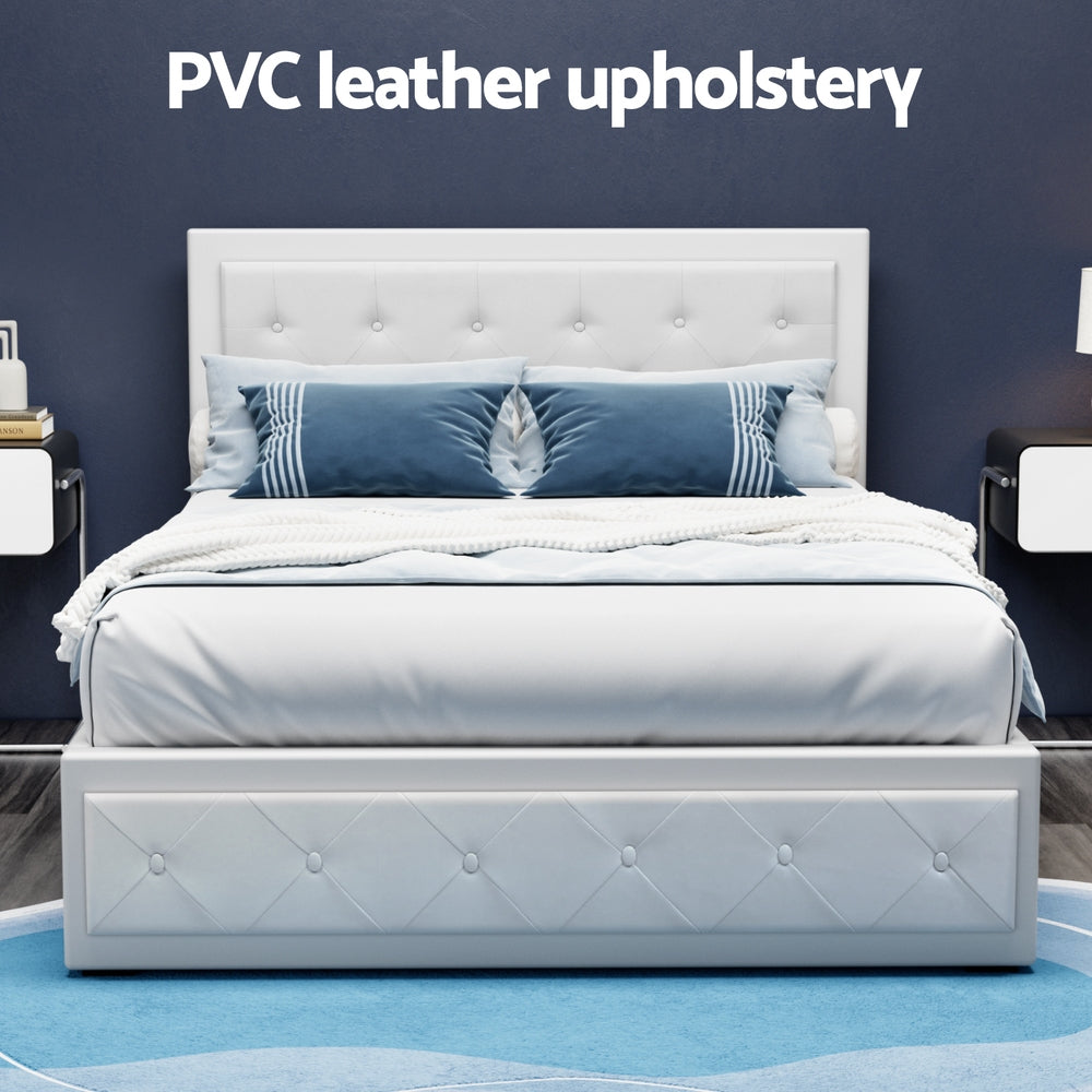 Bed Frame Double Size Gas Lift PVC Leather White With Storage