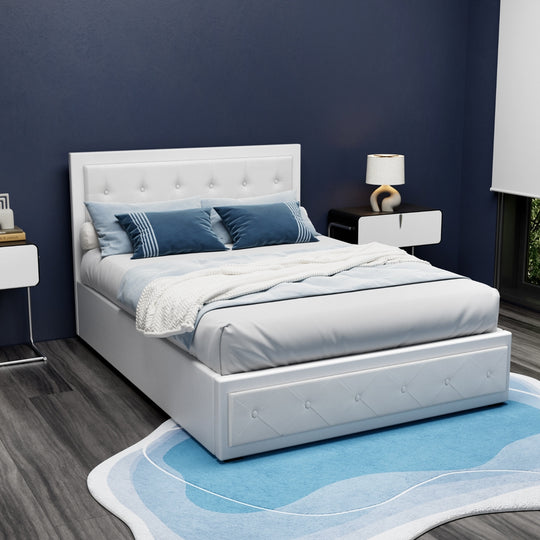 Bed Frame Double Size Gas Lift PVC Leather White With Storage - Artiss Tiyo Full Base