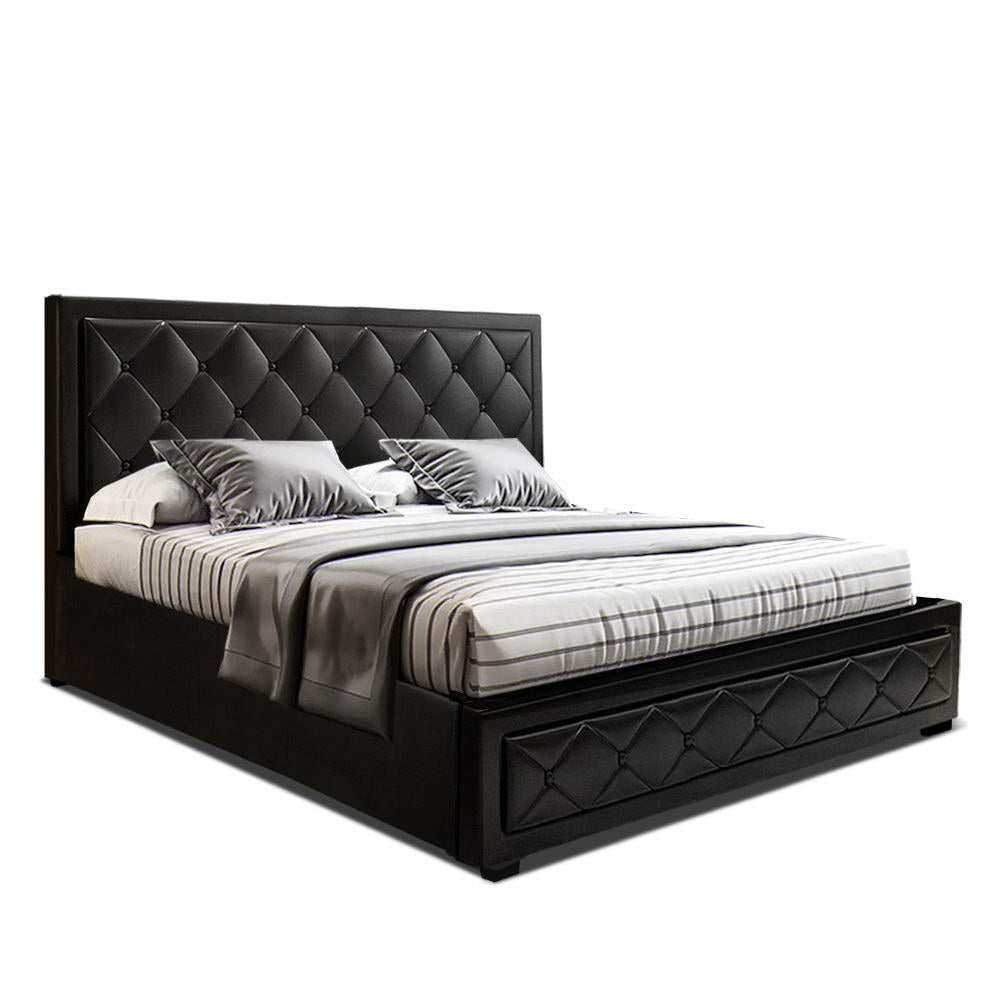 Bed Frame King Size Gas Lift Black With Tufted PVC Headboard
