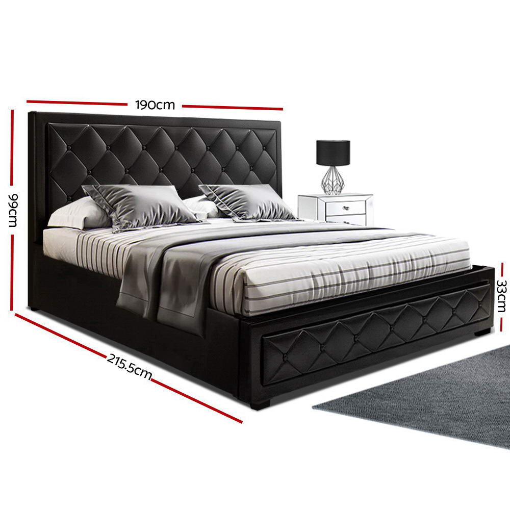 Bed Frame King Size Gas Lift Black With Tufted PVC Headboard
