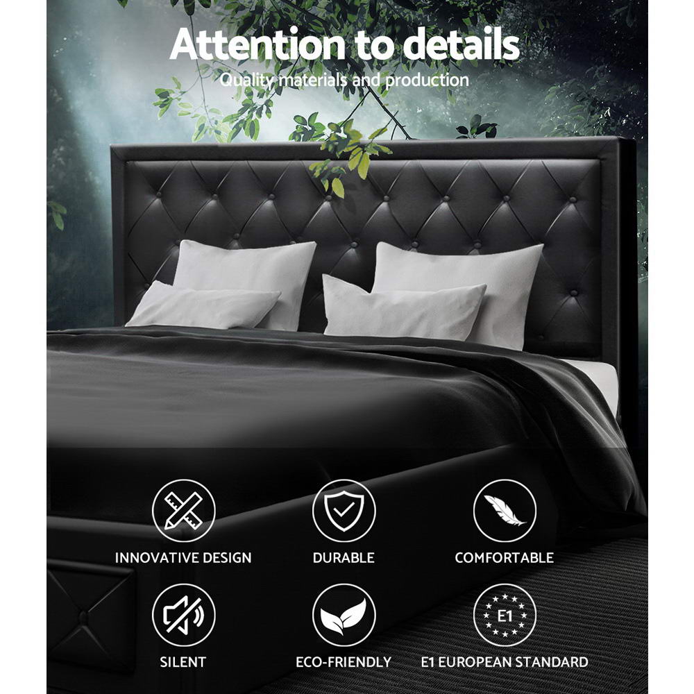 Bed Frame King Size Gas Lift Black With Tufted PVC Headboard