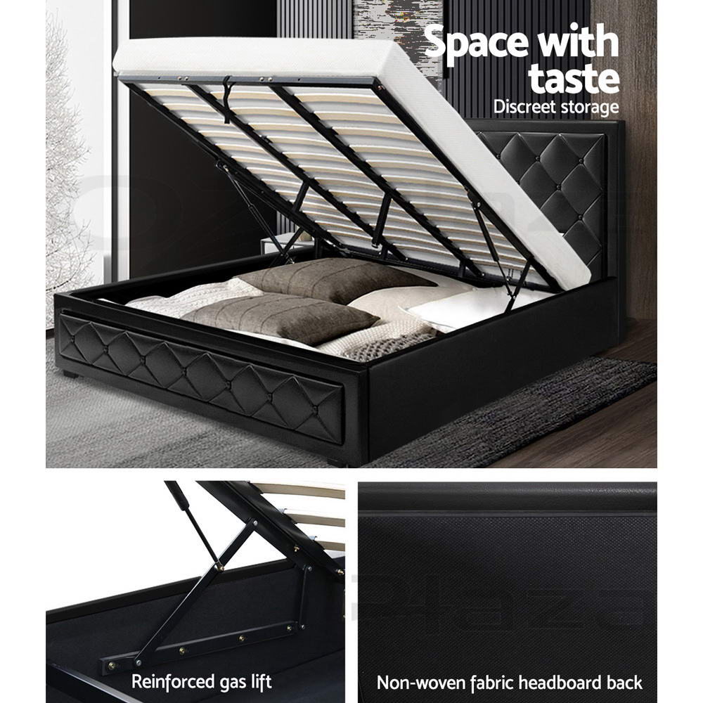 Bed Frame King Size Gas Lift Black With Tufted PVC Headboard