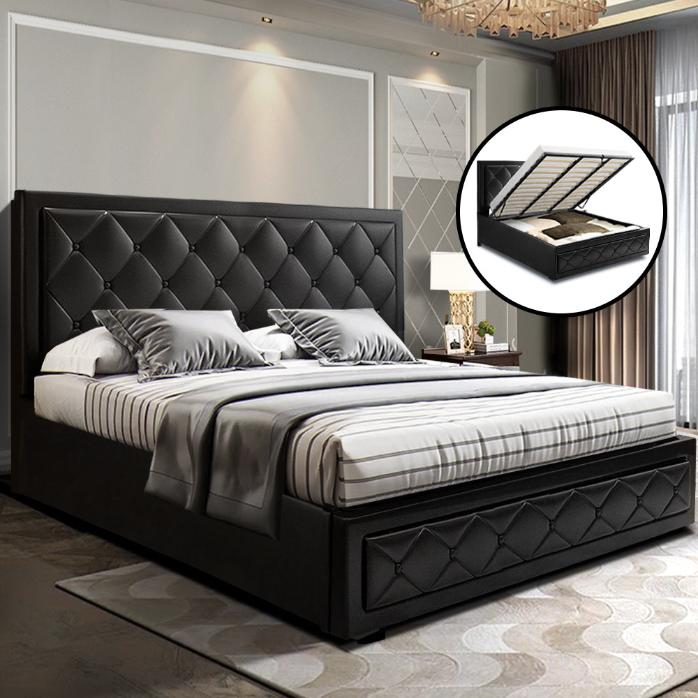 Bed Frame King Size Gas Lift Black With Tufted PVC Headboard