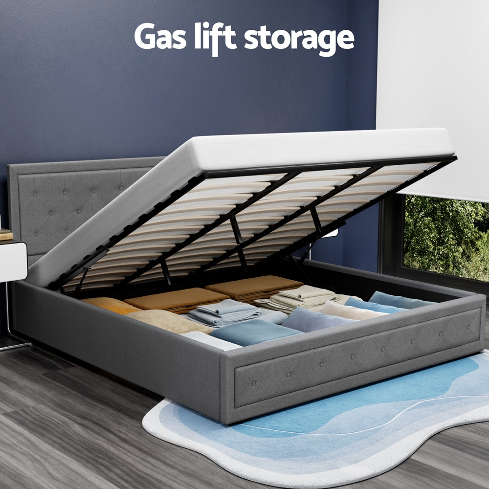 Bed Frame King Size Gas Lift Linen Grey With Storage Function with Linen finish