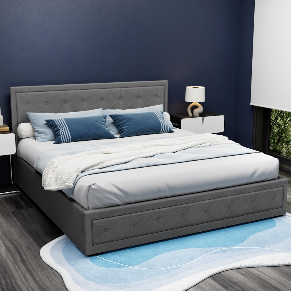 King - Bed Frame King Size Gas Lift Linen Grey With Storage Function