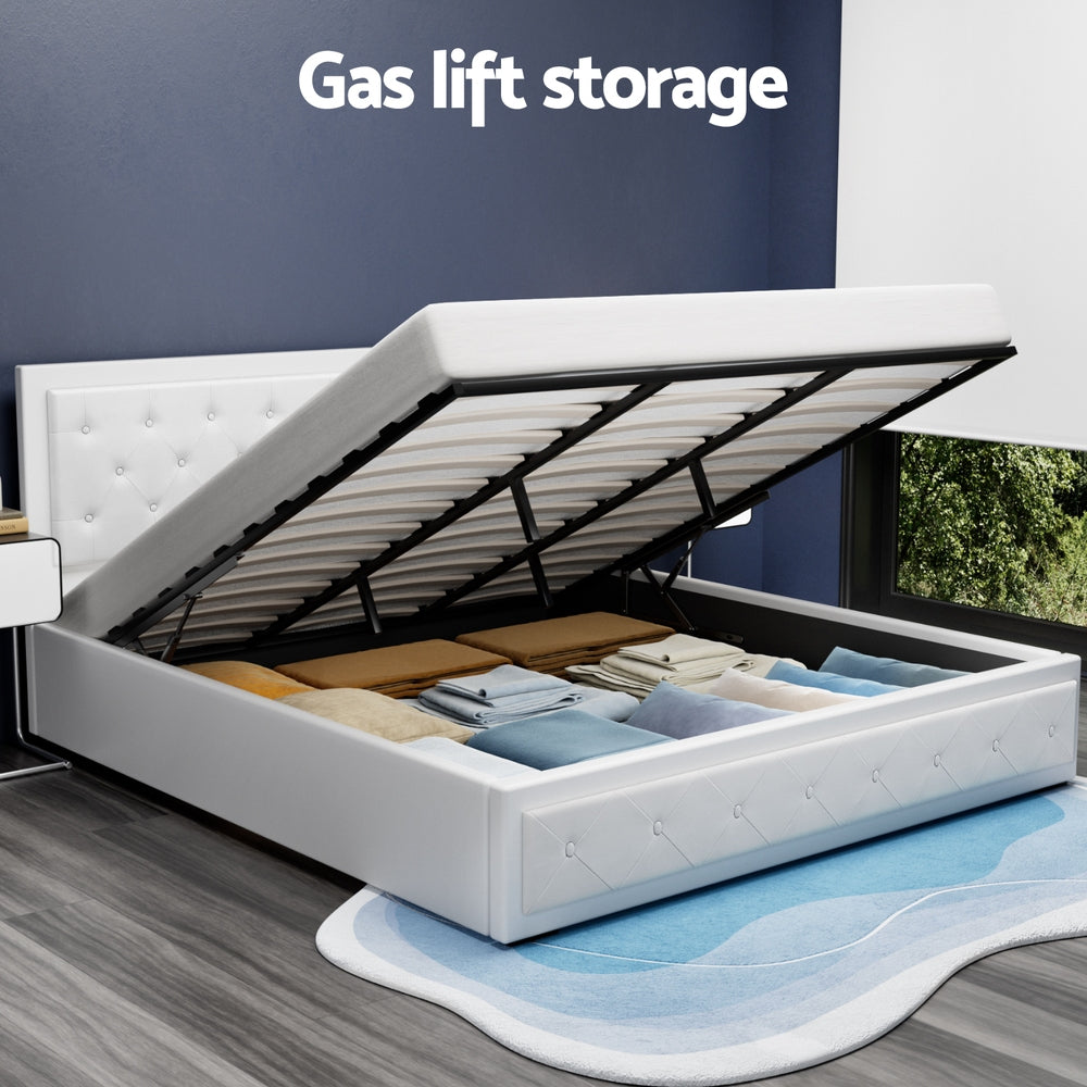 Bed Frame King Size Gas Lift PVC Leather White With Storage Function, White colour