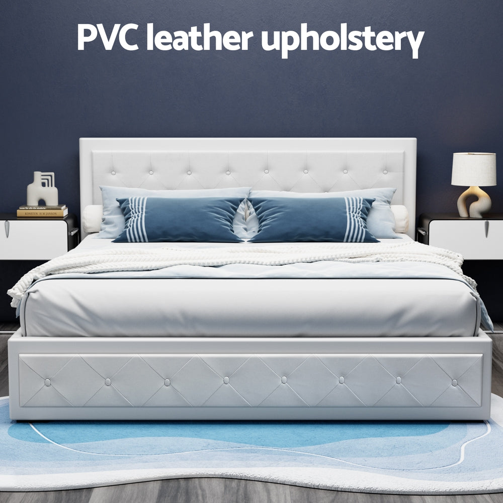 Bed Frame King Size Gas Lift PVC Leather White With Storage Function - Artiss Tiyo Base Mattress