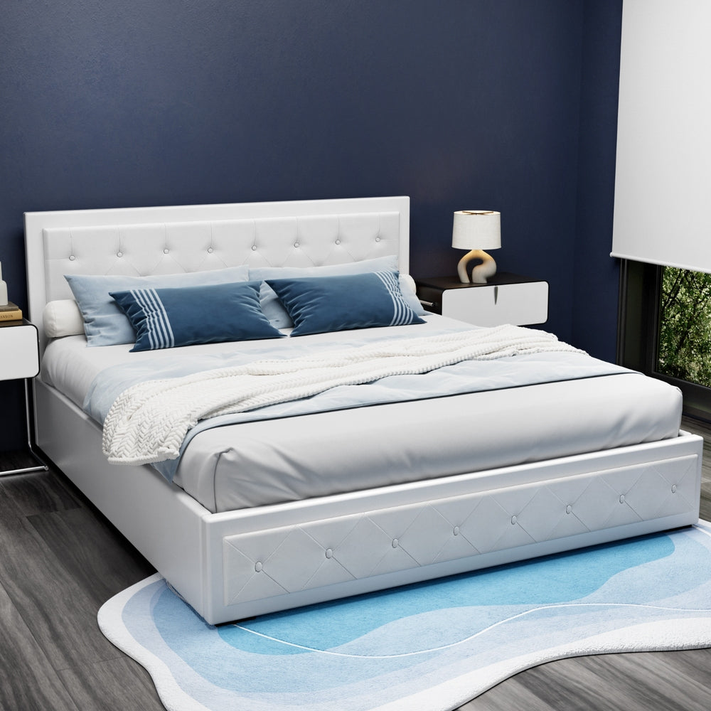Artiss Tiyo Base Mattress - Bed Frame King Size Gas Lift PVC Leather White With Storage Function