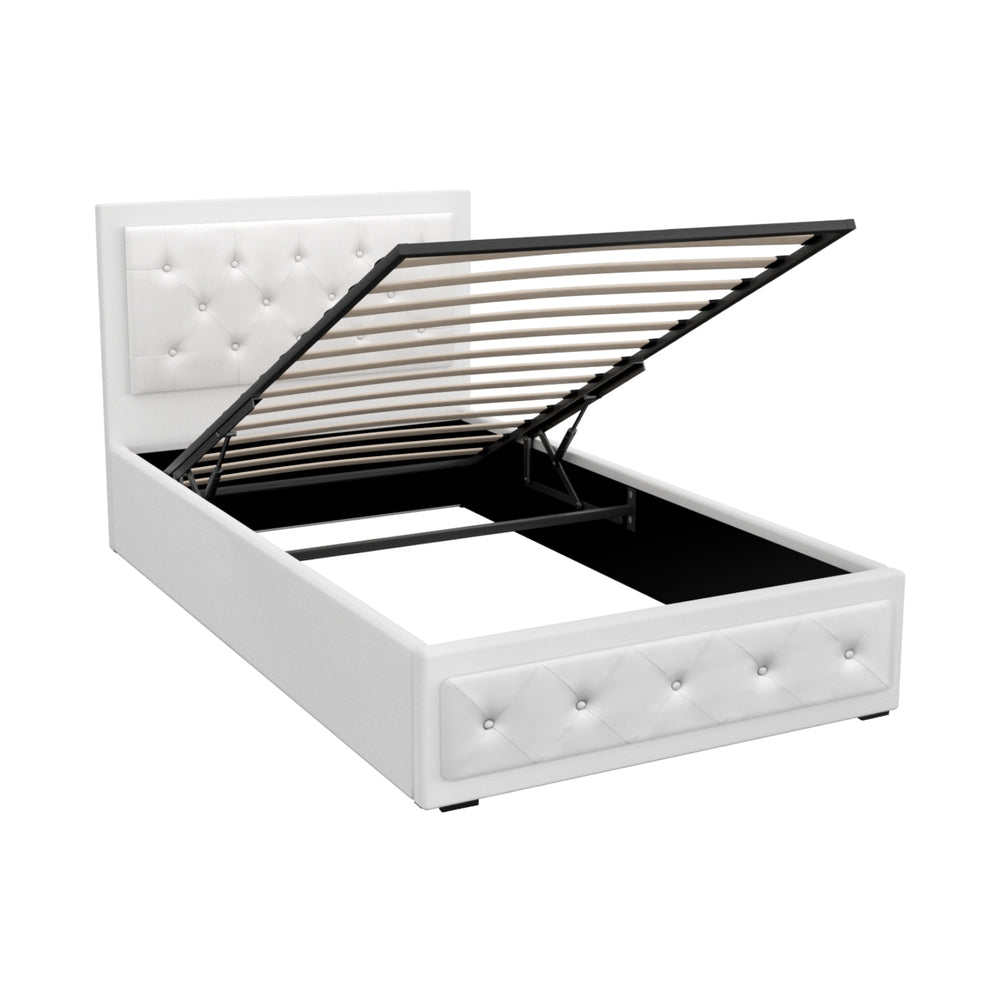 Bed Frame King Single Size Gas Lift PVC Leather White With Storage