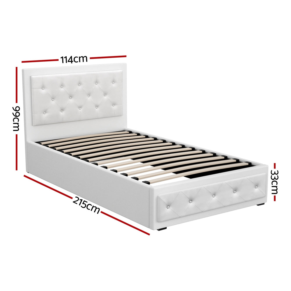 Bed Frame King Single Size Gas Lift PVC Leather White With Storage