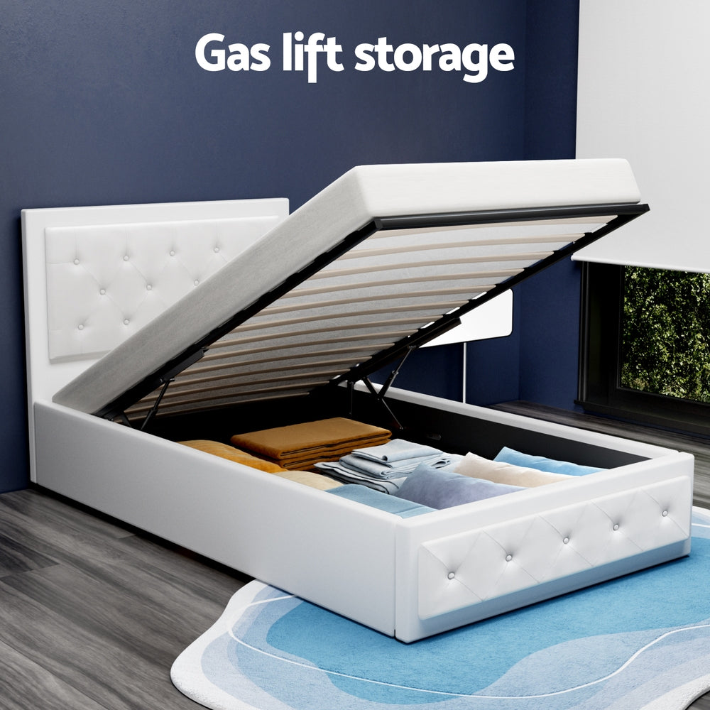 Bed Frame King Single Size Gas Lift PVC Leather White With Storage