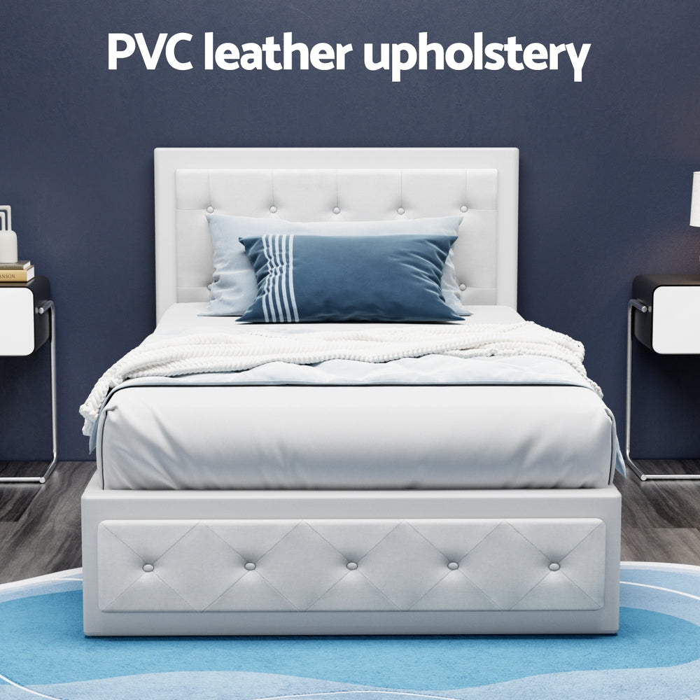 Bed Frame King Single Size Gas Lift PVC Leather White With Storage