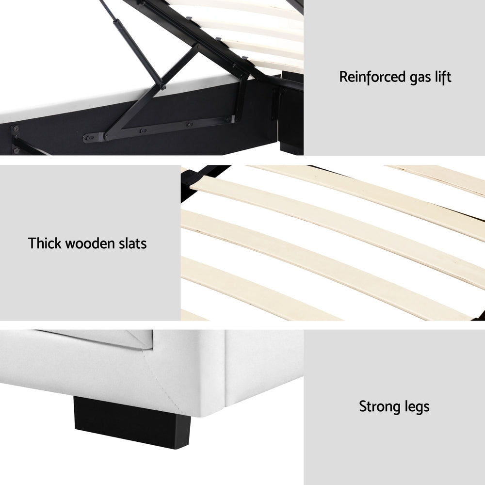 Bed Frame King Single Size Gas Lift PVC Leather White With Storage