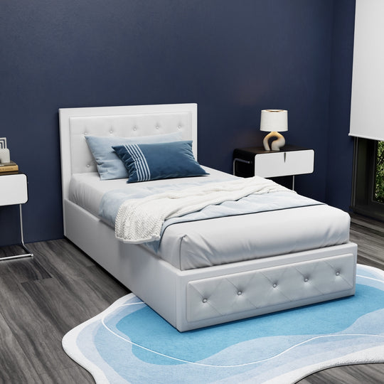 Bed Frame King Single Size Gas Lift PVC Leather White With Storage