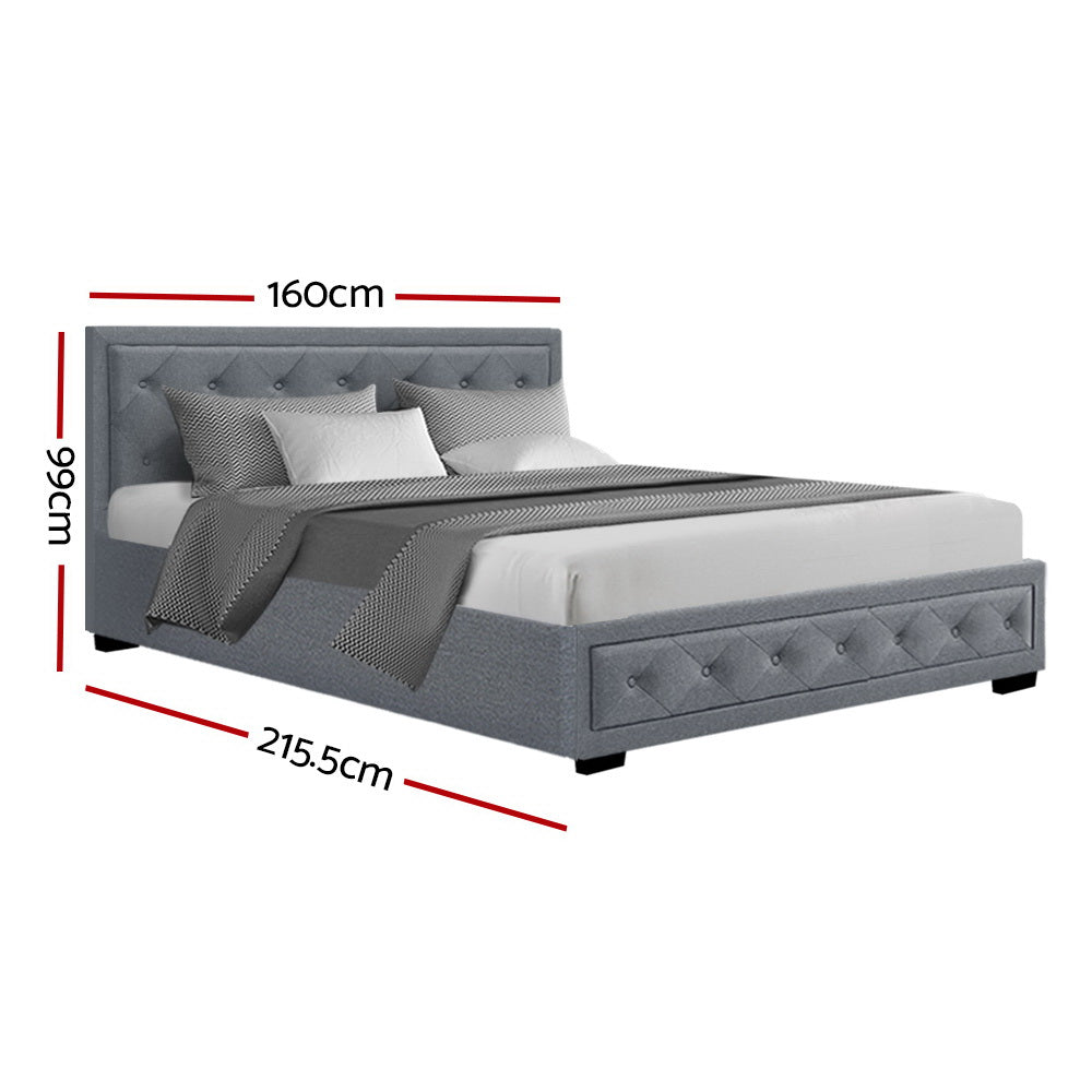 Queen Size Gas Lift Bed Frame Base With Storage Mattress Grey Fabric