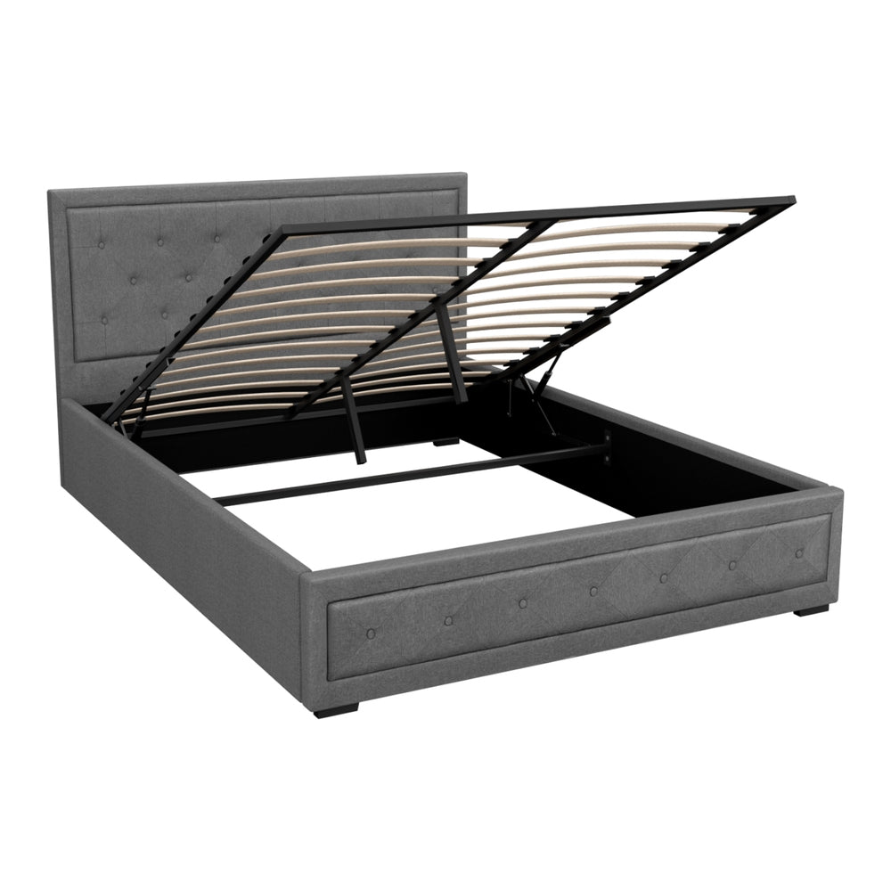 Bed Frame Queen Size Gas Lift Linen Grey With Storage Function