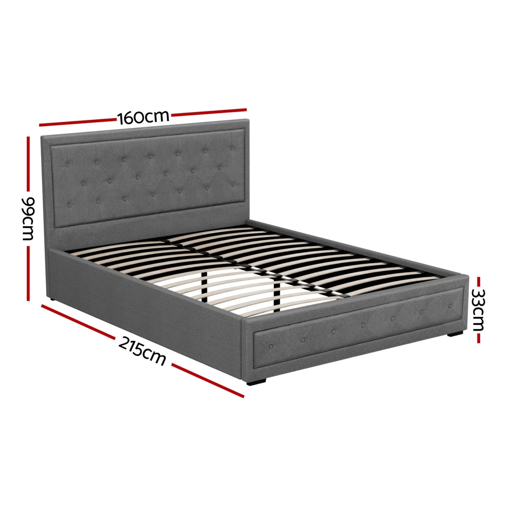 Bed Frame Queen Size Gas Lift Linen Grey With Storage Function