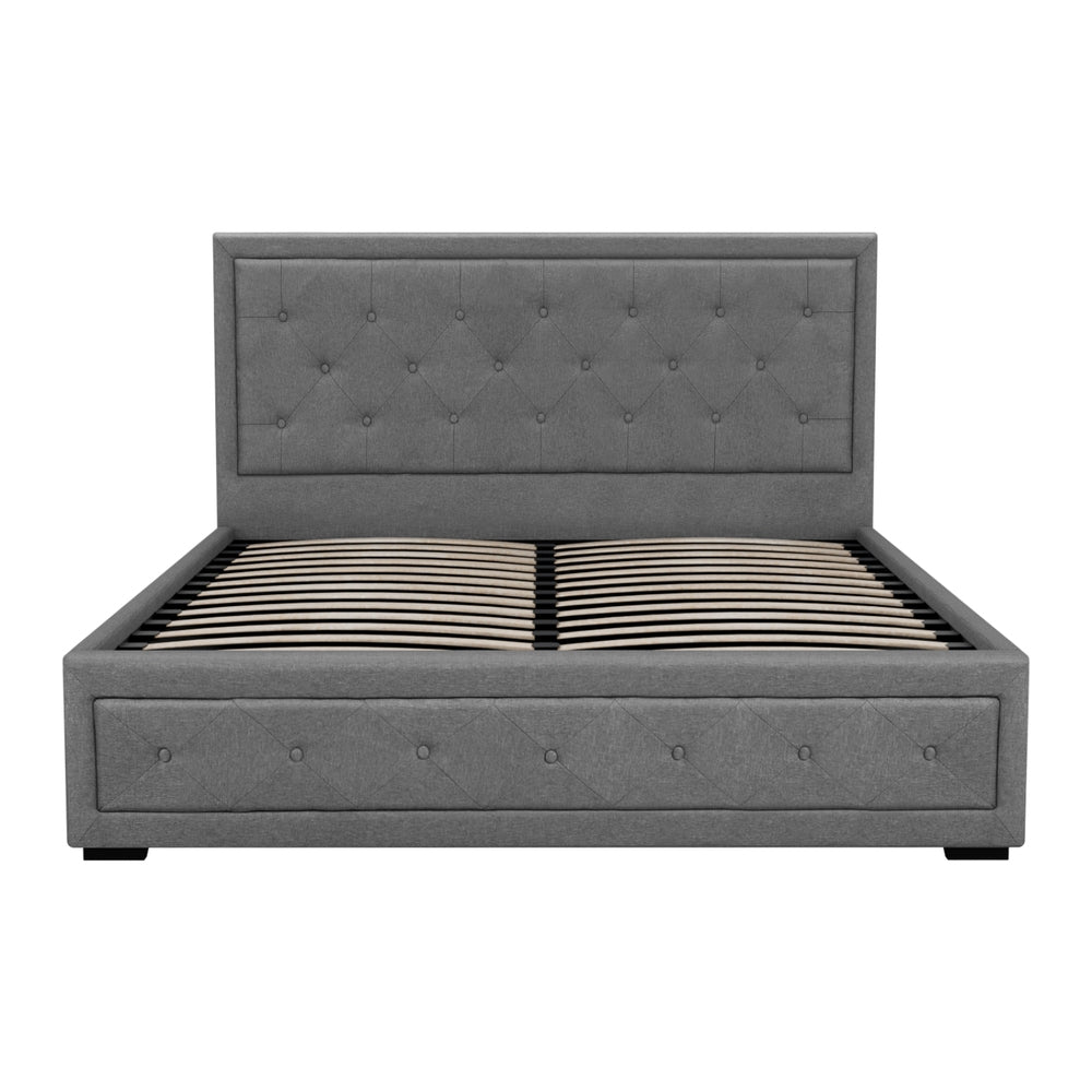 Bed Frame Queen Size Gas Lift Linen Grey With Storage Function