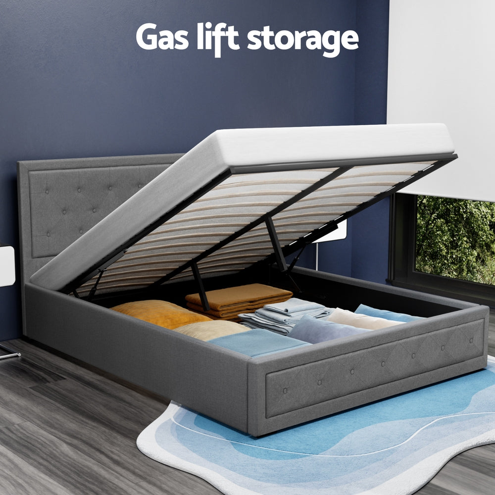 Bed Frame Queen Size Gas Lift Linen Grey With Storage Function