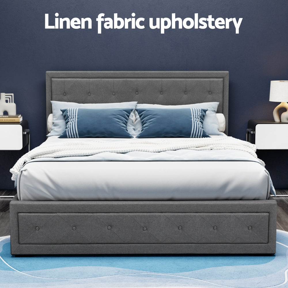 Bed Frame Queen Size Gas Lift Linen Grey With Storage Function