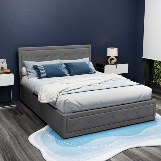 Bed Frame Queen Size Gas Lift Linen Grey With Storage Function