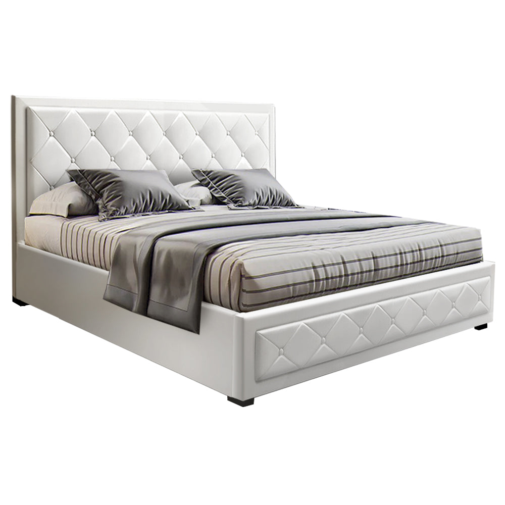 Queen Size Gas Lift Bed Frame Base With Storage Mattress White Leather