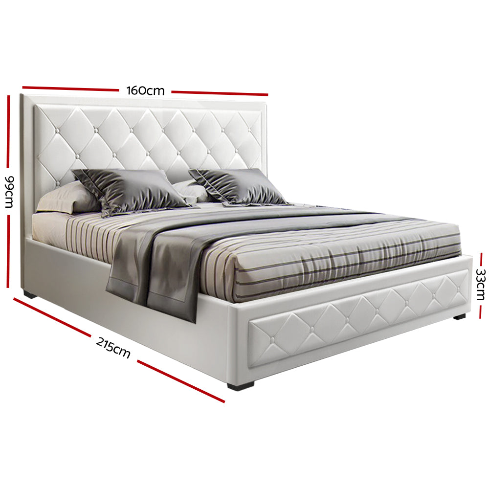 Queen Size Gas Lift Bed Frame Base With Storage Mattress White Leather
