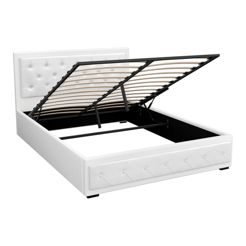 Queen Size Bed Frame Gas Lift Storage White with Tufted PVC Headboard