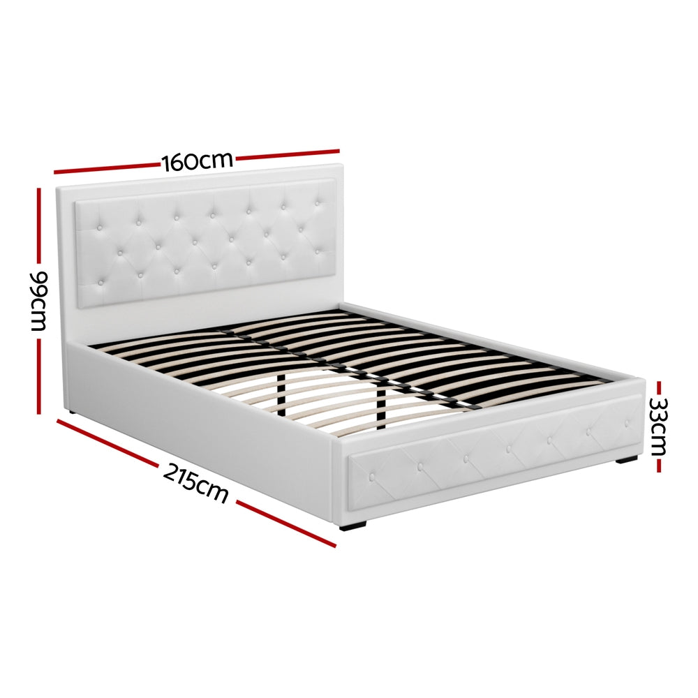 Queen Size Bed Frame Gas Lift Storage White with Tufted PVC Headboard