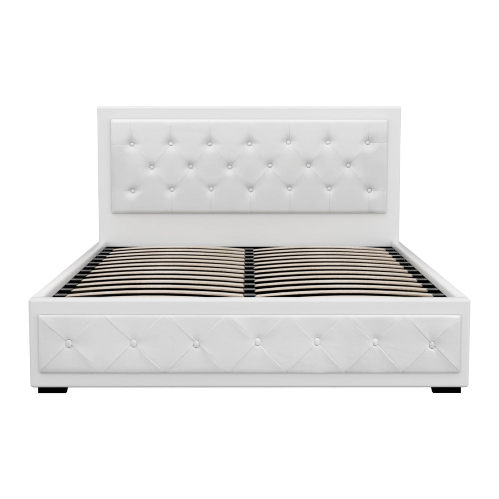 Queen Size Bed Frame Gas Lift Storage White with Tufted PVC Headboard