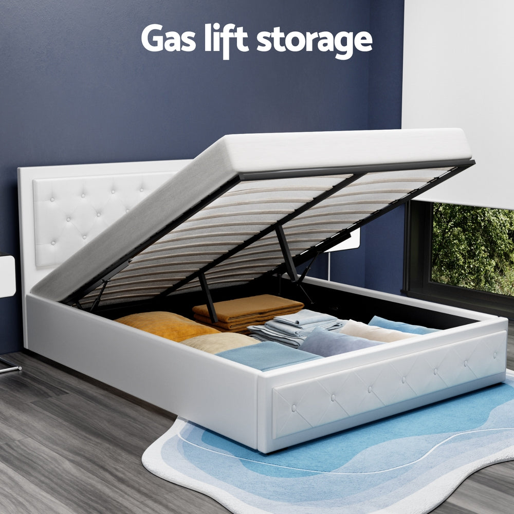 Queen Size Bed Frame Gas Lift Storage White with Tufted PVC Headboard