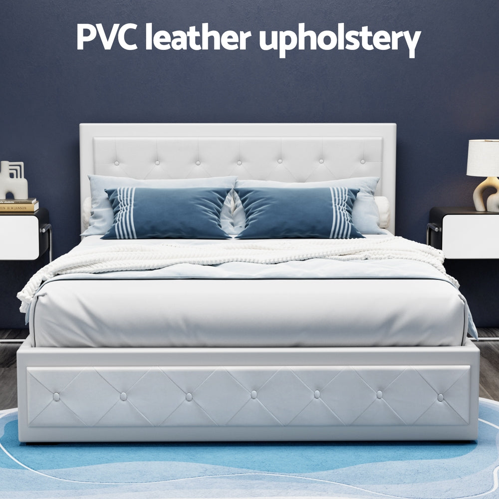 Queen Size Bed Frame Gas Lift Storage White with Tufted PVC Headboard