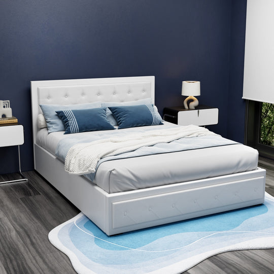 Queen Size Bed Frame Gas Lift Storage White with Tufted PVC Headboard - Artiss Tiyo Base Mattress