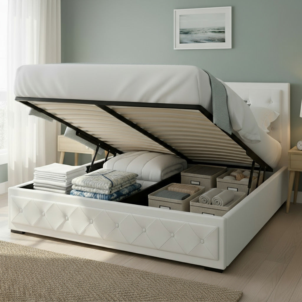 Queen Size Bed Frame Gas Lift Storage White with Tufted PVC Headboard