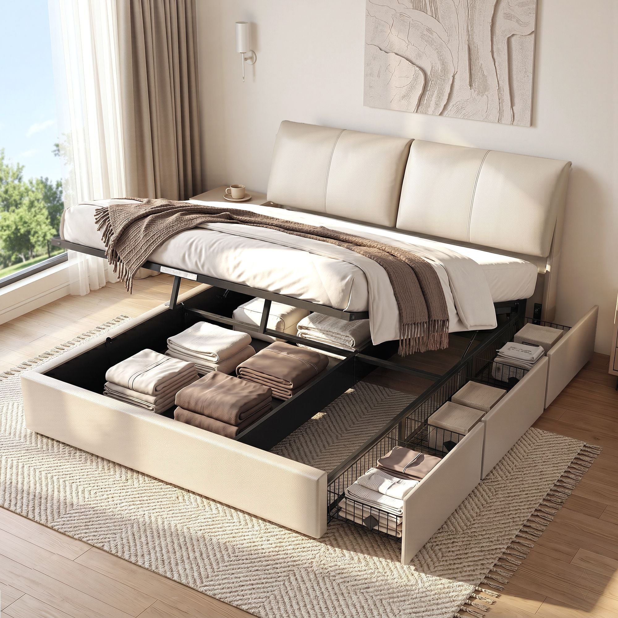 King Bed Frame Gas Lift Storage Drawers | Simpledeals