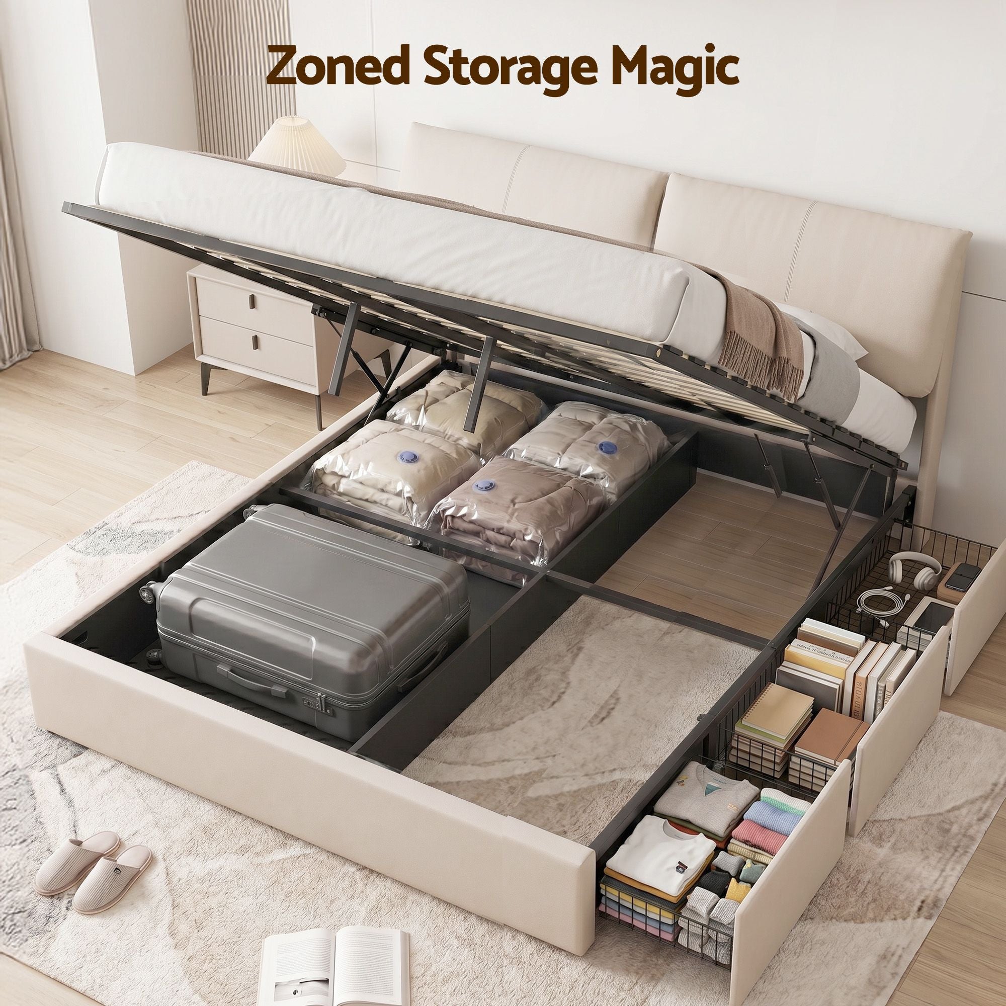 King Bed Frame Gas Lift Storage Drawers | Simpledeals