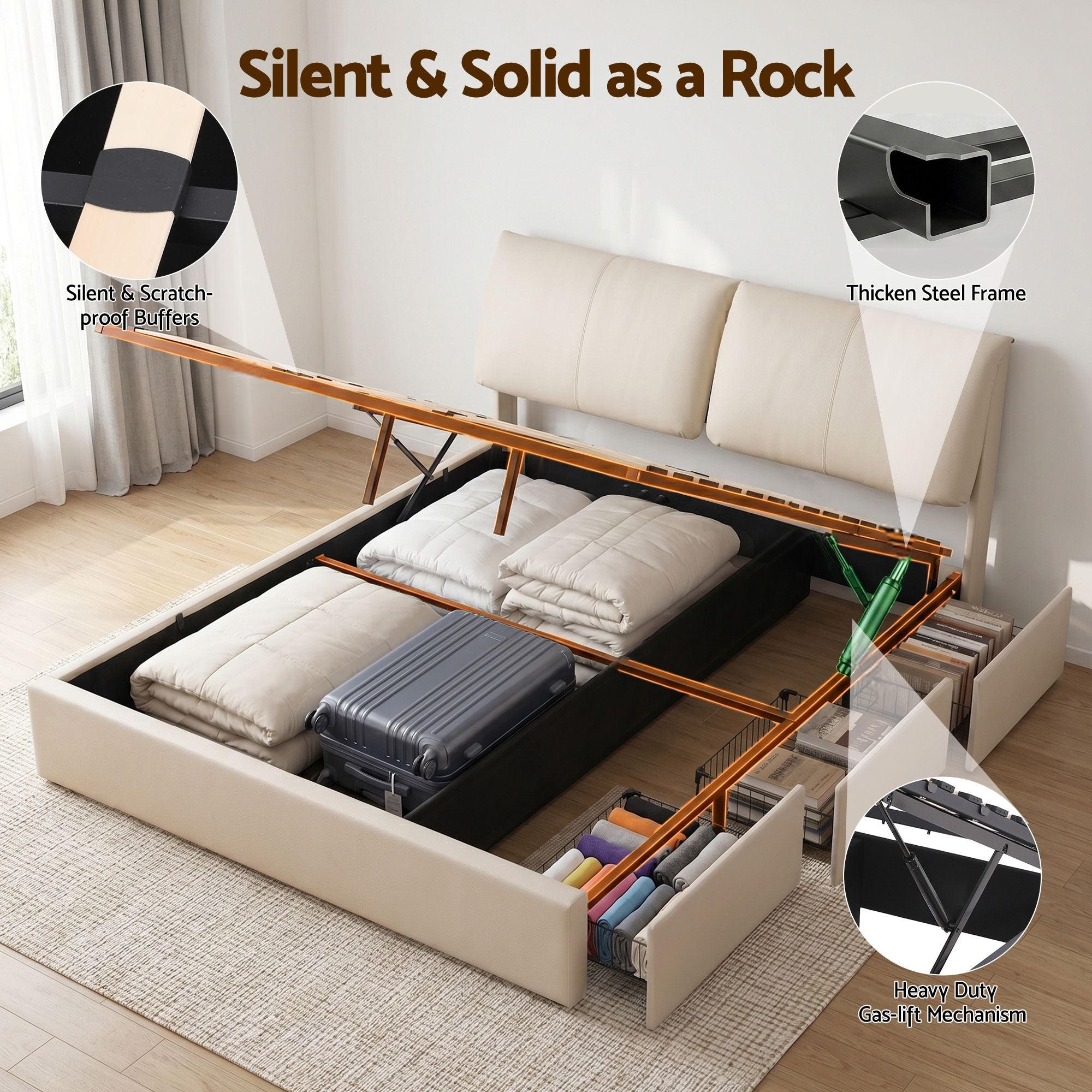 King Bed Frame Gas Lift Storage Drawers | Simpledeals