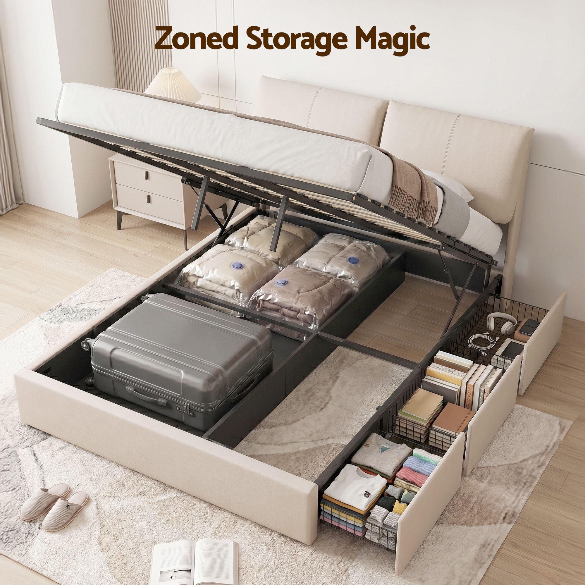 Queen Bed Frame Gas Lift Storage Drawers | Simpledeals