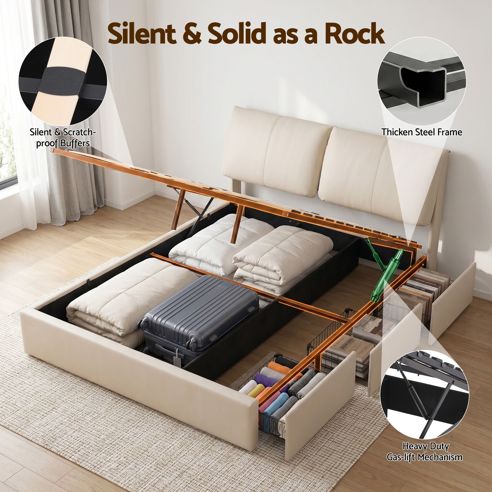 Queen Bed Frame Gas Lift Storage Drawers | Simpledeals