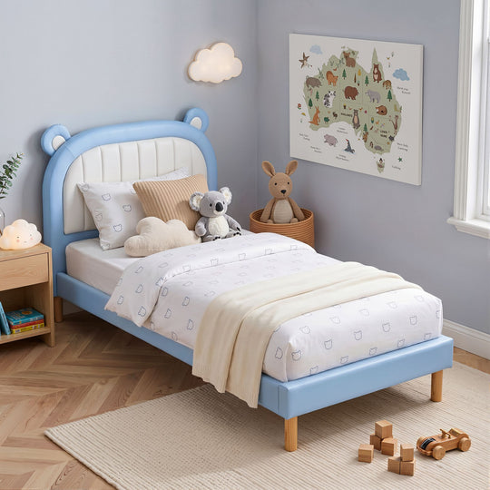 Kids King Single Bed Bear Headboard Blue, King Single