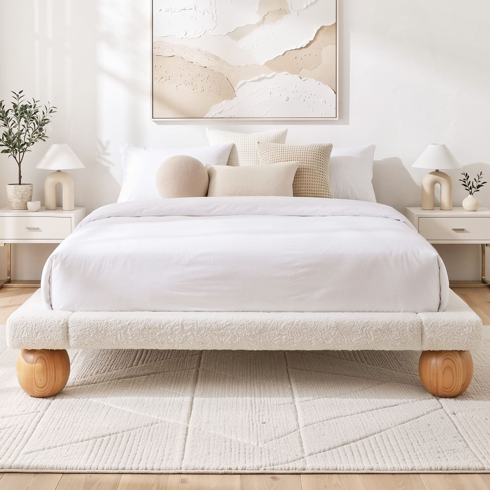 Queen Bed Frame Boucle Upholstery 205x156x29cm