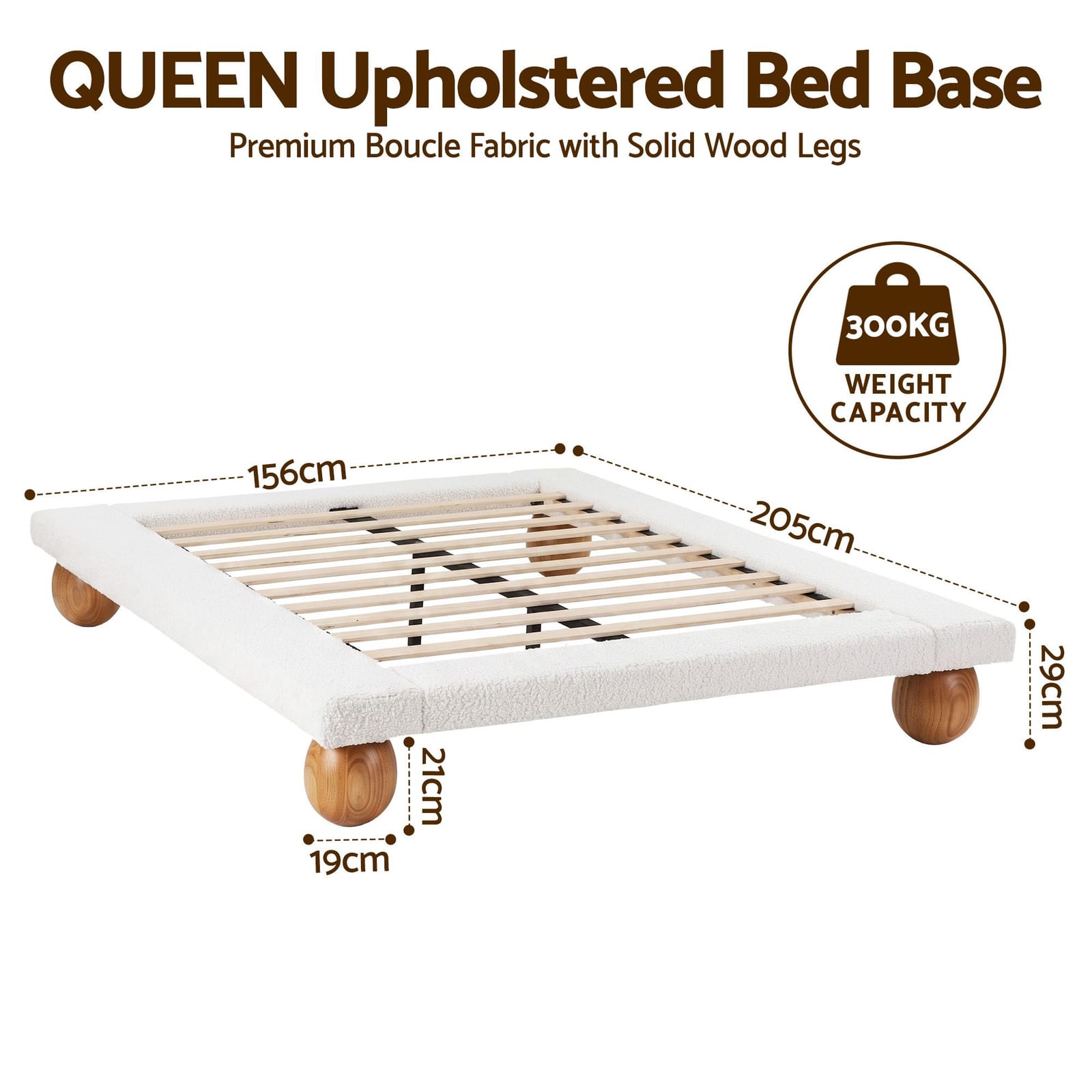 Queen Bed Frame Boucle Upholstery 205x156x29cm