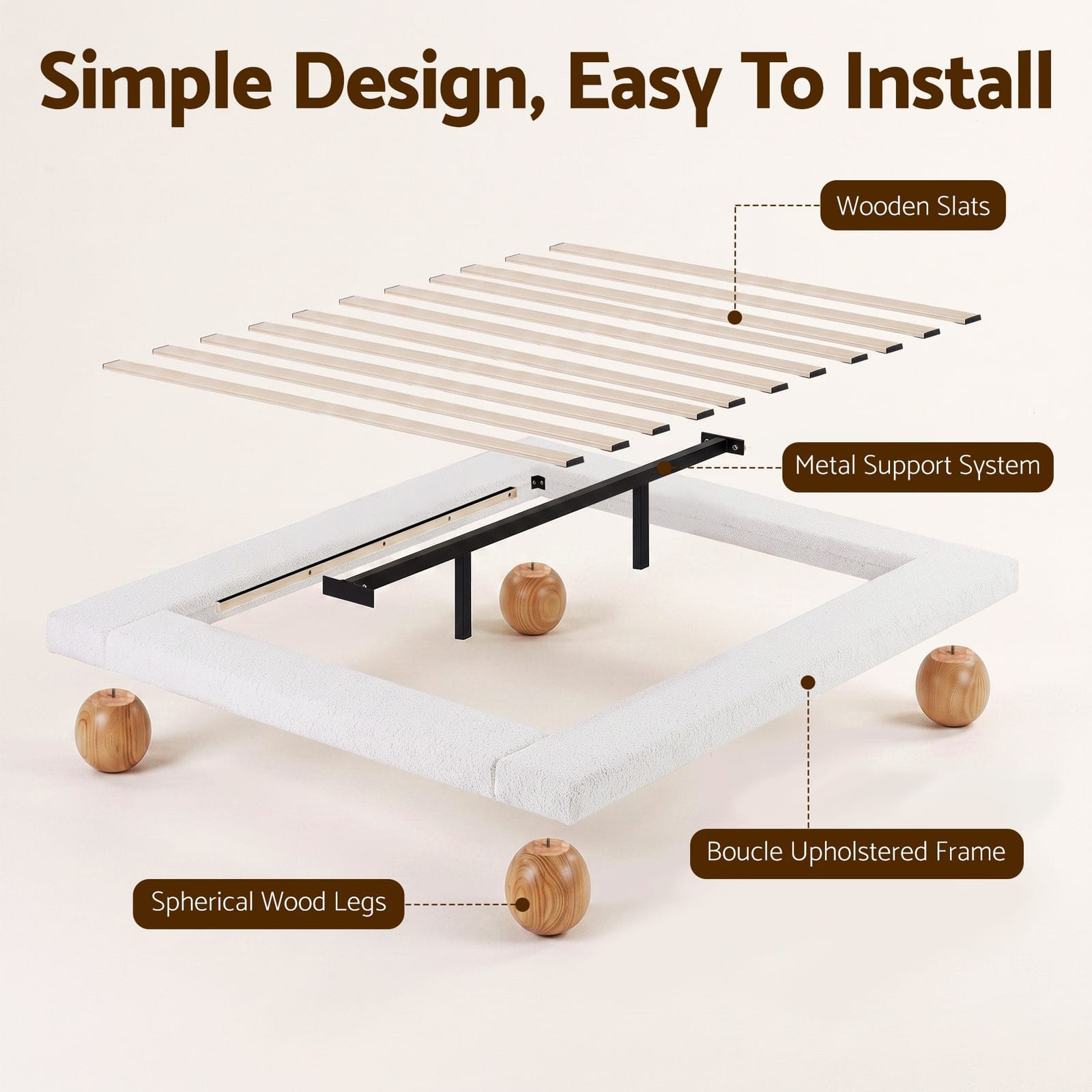Queen Bed Frame Boucle Upholstery 205x156x29cm